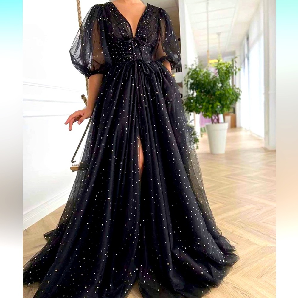 Star Puff Sleeve Evening Gown with Train and Slit
